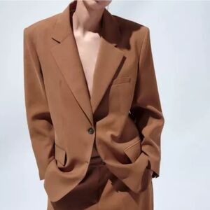 ZARA WOMAN STRAIGHT CUT BLAZER OVERSIZED CAMEL TAUPE BROWN